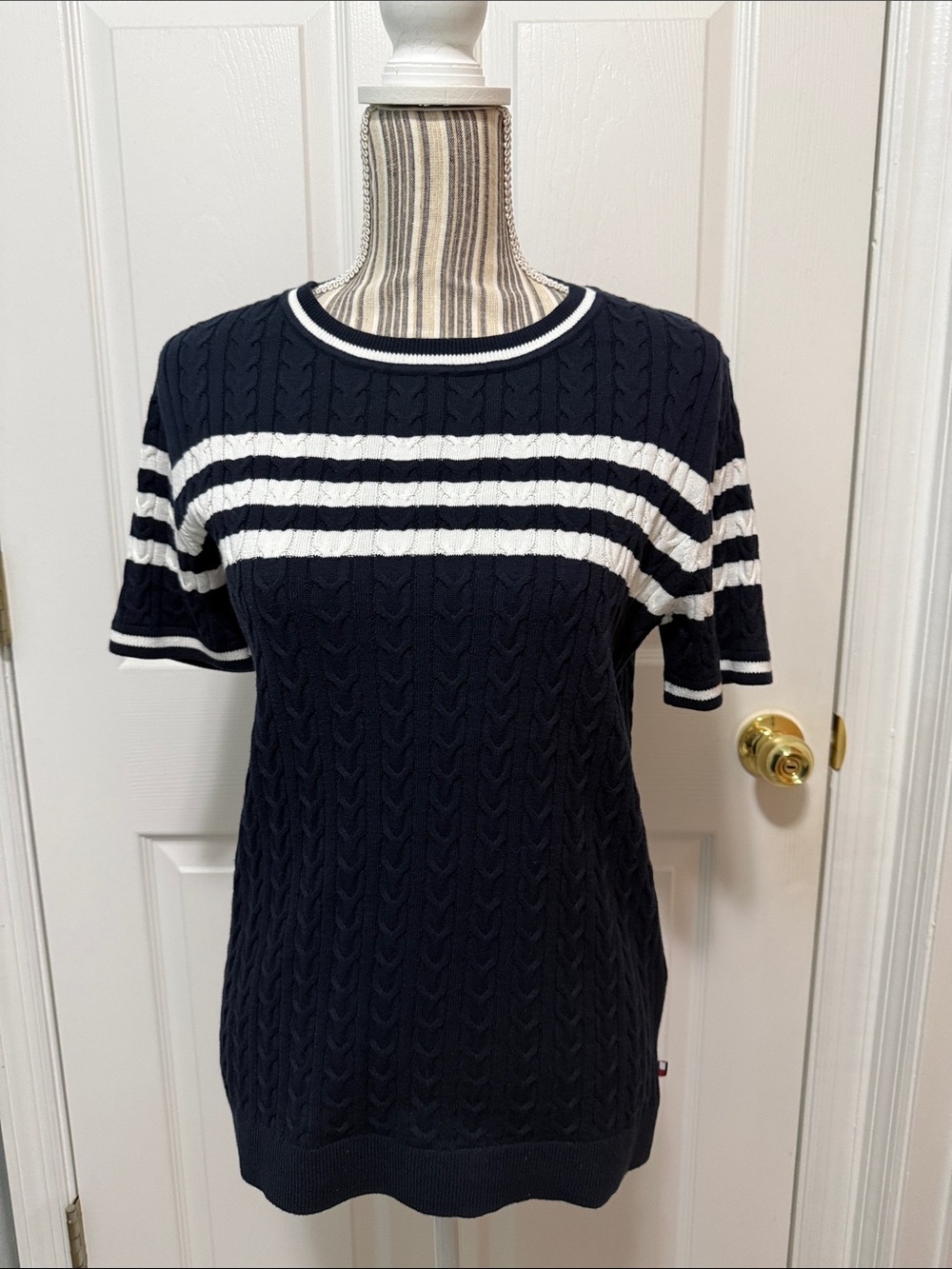 Tommy Hilfiger Navy and White Striped Cable Knit Crew